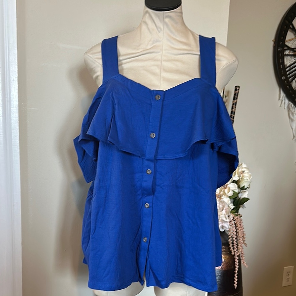 Blue Button-Down Ruffle Top - Picture 1 of 5